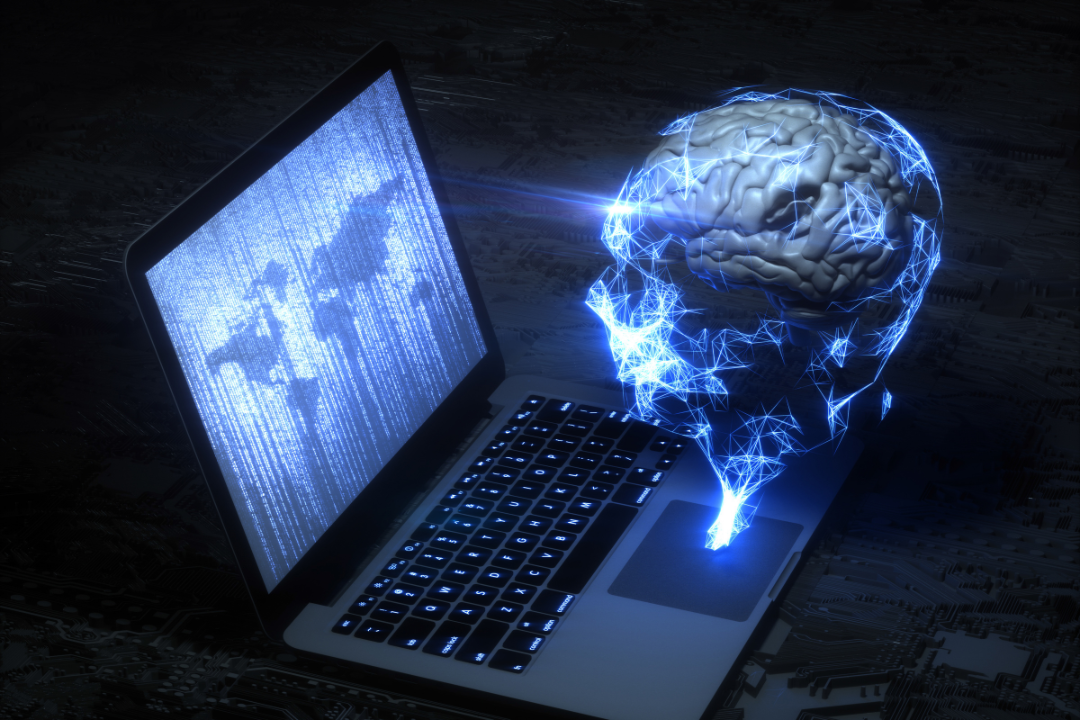 AI writing assistant at work on a laptop, showing content outlines and keyword maps on the screen.